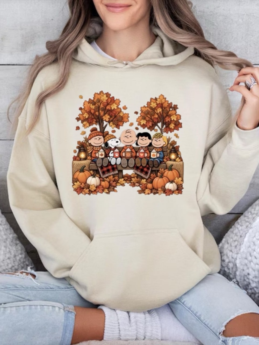 Cream Snoopy Hoodie with Autumn Cartoon Friends